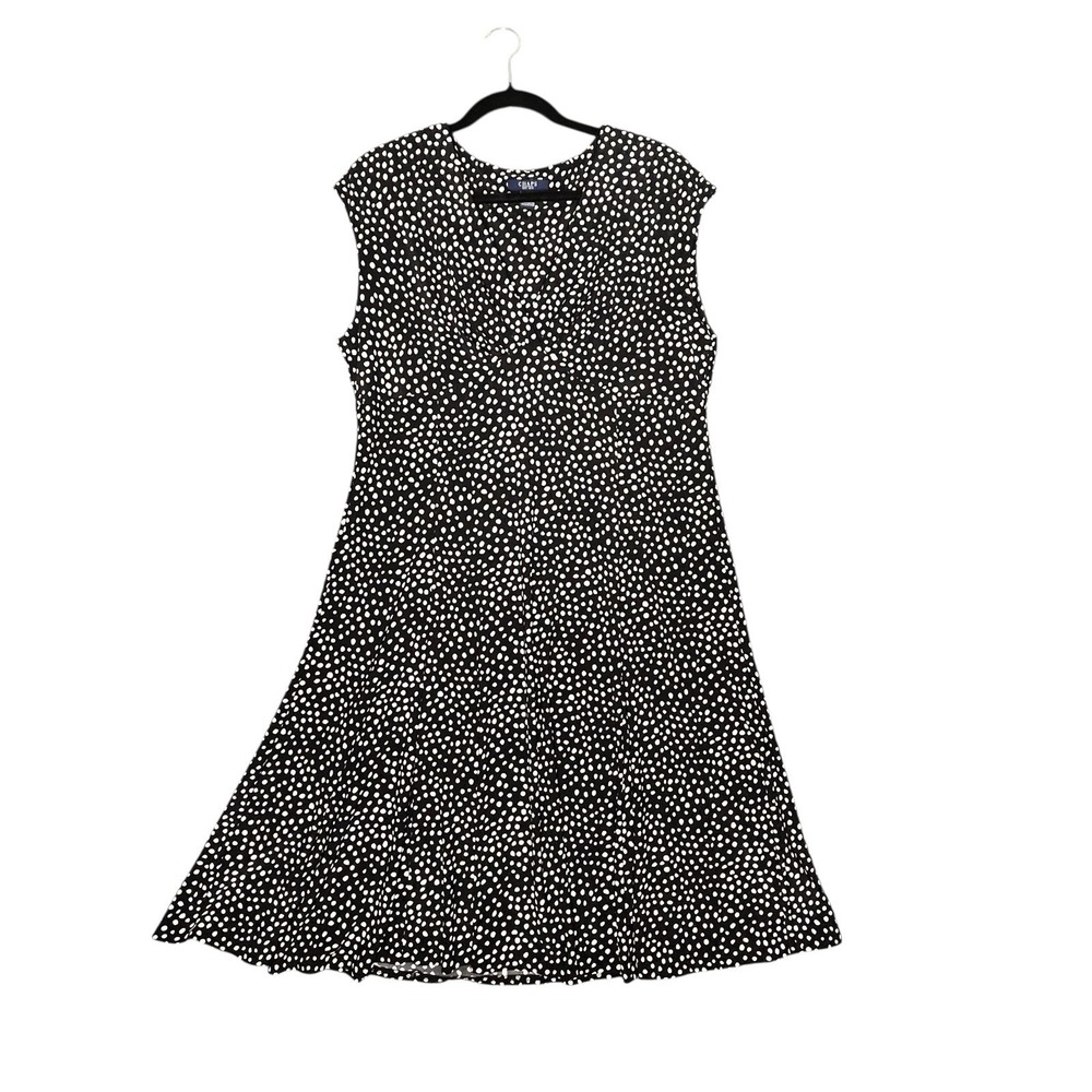 Chaps Dress XL Black Polka Dot Surplice Empire Jersey Knit‎ Stretch Fit Flare